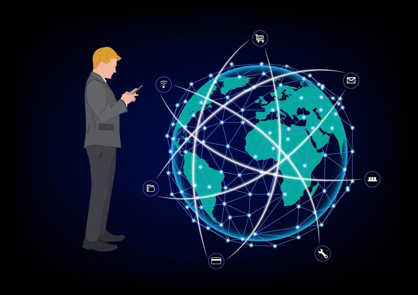 uomo d'affari in piedi e utilizzando smartphone per la tecnologia di connessione, concetto utilizzando smartphone per la connessione alla connessione di rete globale vettore