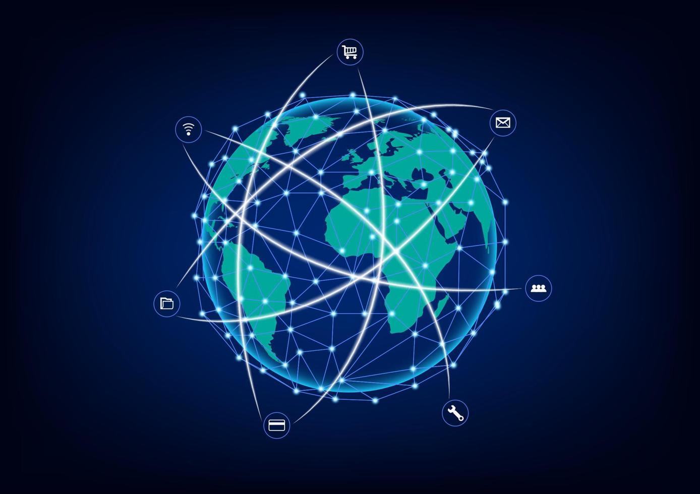 mappa del mondo grafica su sfondo blu concetto l'illustrazione vettoriale del sistema di comunicazione della rete di connessione