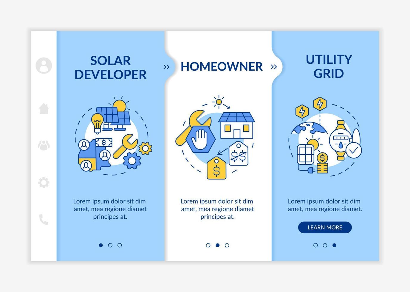 i contratti di acquisto di energia forniscono un modello di onboarding blu e bianco. sito Web mobile reattivo con icone concettuali lineari. procedura guidata della pagina web in 3 schermate. lato-grassetto, caratteri regolari utilizzati vettore