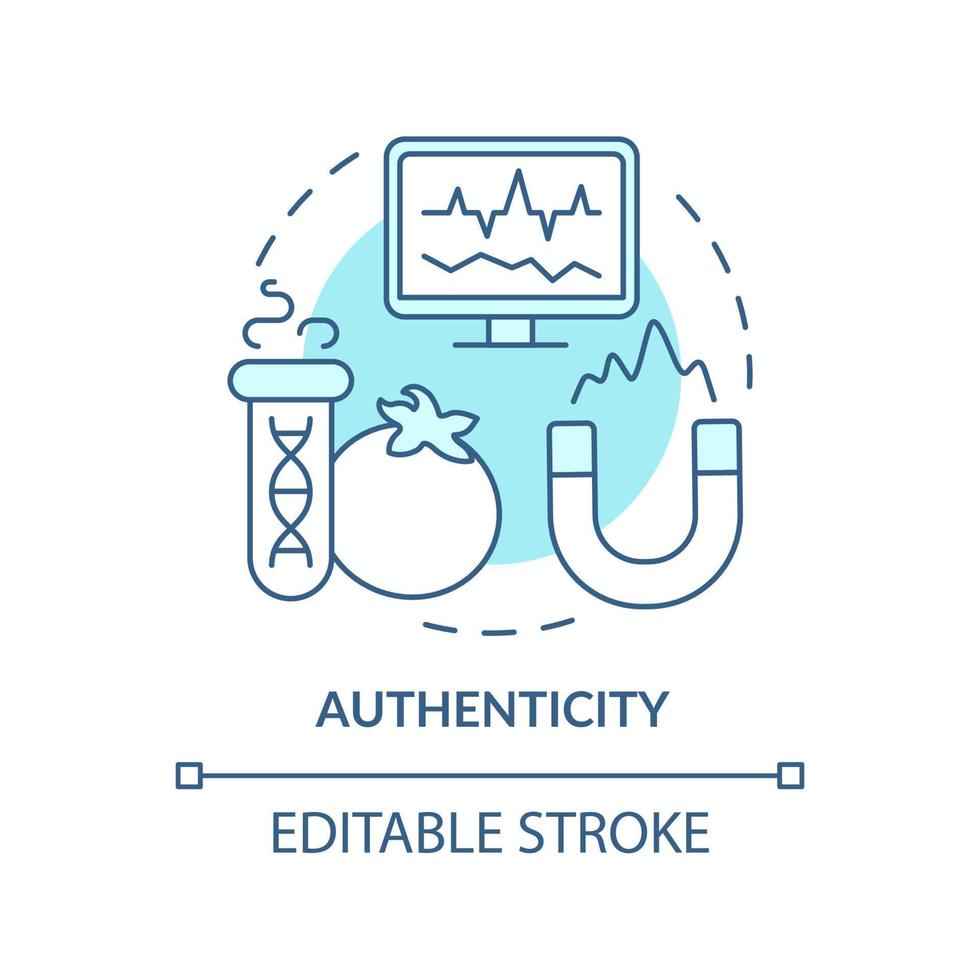 icona del concetto turchese di autenticità. illustrazione della linea sottile dell'idea astratta del servizio di analisi degli alimenti. aumentare la fiducia dei consumatori. disegno di contorno isolato. tratto modificabile. arial, una miriade di caratteri pro-grassetto utilizzati vettore