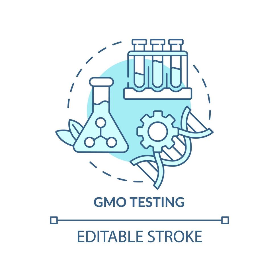 Icona del concetto turchese test ogm. illustrazione della linea sottile dell'idea astratta del servizio di analisi degli alimenti. controllo qualità, valutazione. disegno di contorno isolato. tratto modificabile. arial, una miriade di caratteri pro-grassetto utilizzati vettore