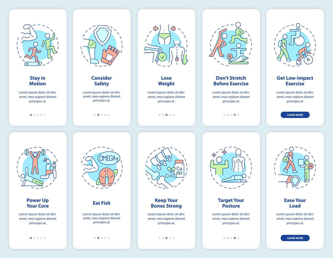 set di schermate dell'app mobile per l'onboarding della salute delle ossa e delle articolazioni. alimentazione sana procedura dettagliata 5 passaggi pagine di istruzioni grafiche con concetti lineari. ui, ux, modello gui. sono stati utilizzati una miriade di caratteri normali in grassetto vettore