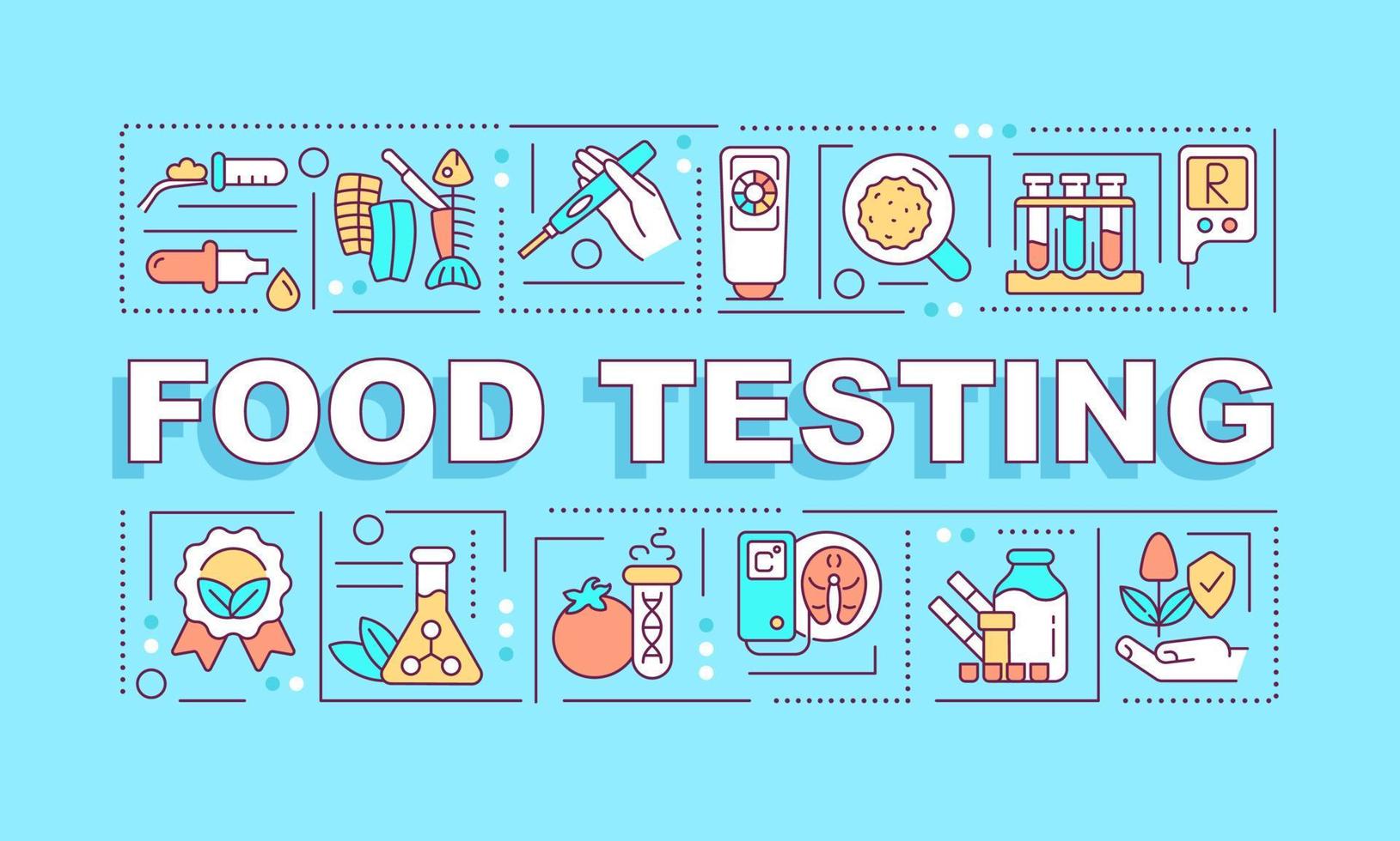 concetti di parole di prova alimentare banner turchese. misurare la qualità dei prodotti. infografica con icone su sfondo colorato. tipografia isolata. illustrazione vettoriale con testo. carattere arial-nero utilizzato