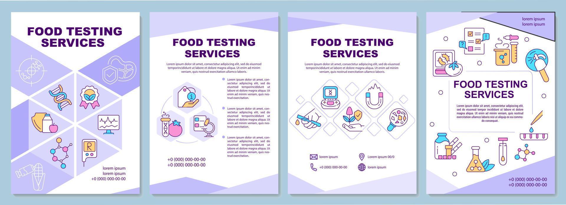 modello di brochure viola servizi di test alimentari. analisi chimica. design volantino con icone lineari. 4 layout vettoriali per la presentazione, relazioni annuali. arial-nero, una miriade di caratteri pro-regolari utilizzati