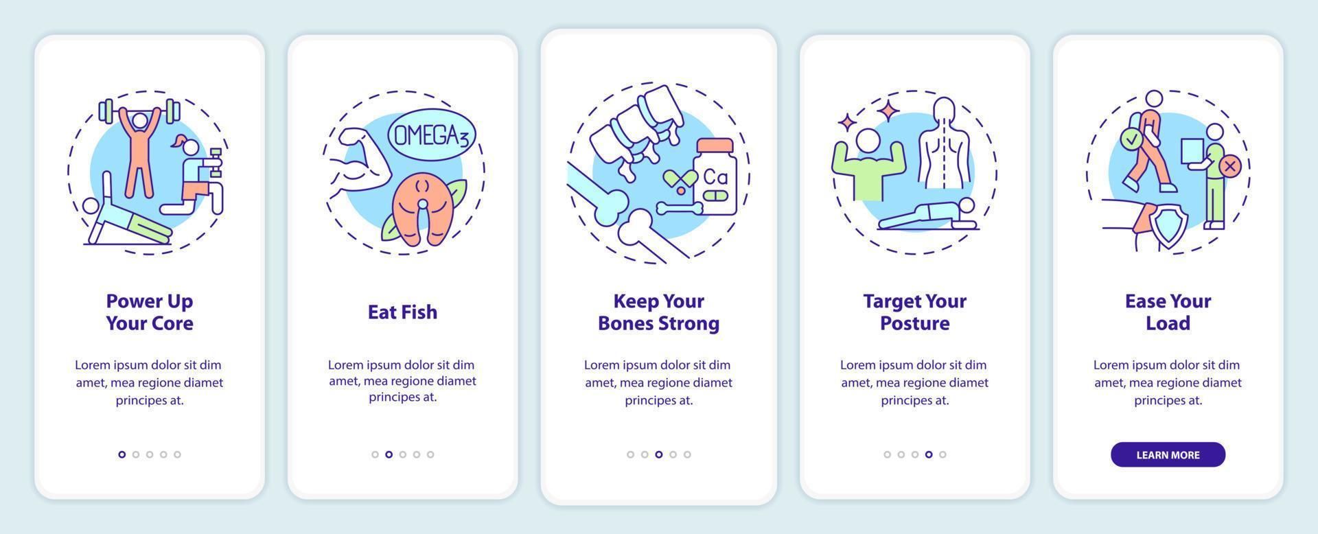 consigli per articolazioni sane durante l'onboarding dello schermo dell'app mobile. mangiare pesce procedura dettagliata 5 passaggi pagine di istruzioni grafiche con concetti lineari. ui, ux, modello gui. sono stati utilizzati una miriade di caratteri normali in grassetto vettore