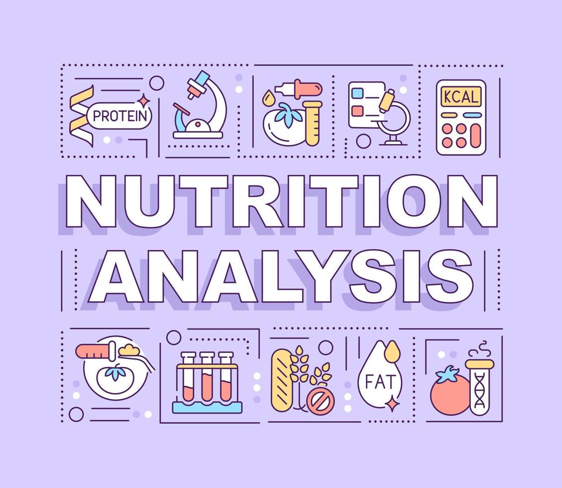 concetti di parole di analisi nutrizionale banner viola. test di sicurezza alimentare. infografica con icone su sfondo colorato. tipografia isolata. illustrazione vettoriale con testo. carattere arial-nero utilizzato