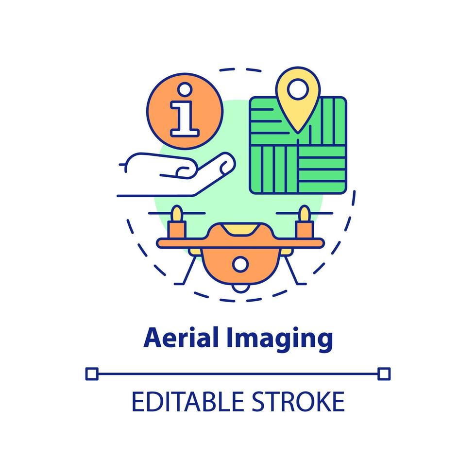 icona del concetto di imaging aereo. utilizzo di droni agricoli. tendenze agricole illustrazione al tratto sottile dell'idea astratta. disegno di contorno isolato. tratto modificabile. arial, una miriade di caratteri pro-grassetto utilizzati vettore