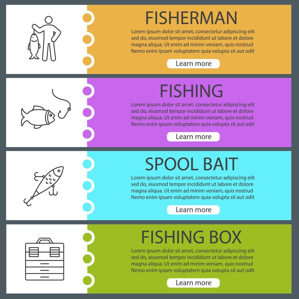 set di modelli di banner web di pesca. pescatore, esca, pesce e amo, cassetta degli attrezzi. voci di menu del sito web. concetti di progettazione di intestazioni vettoriali