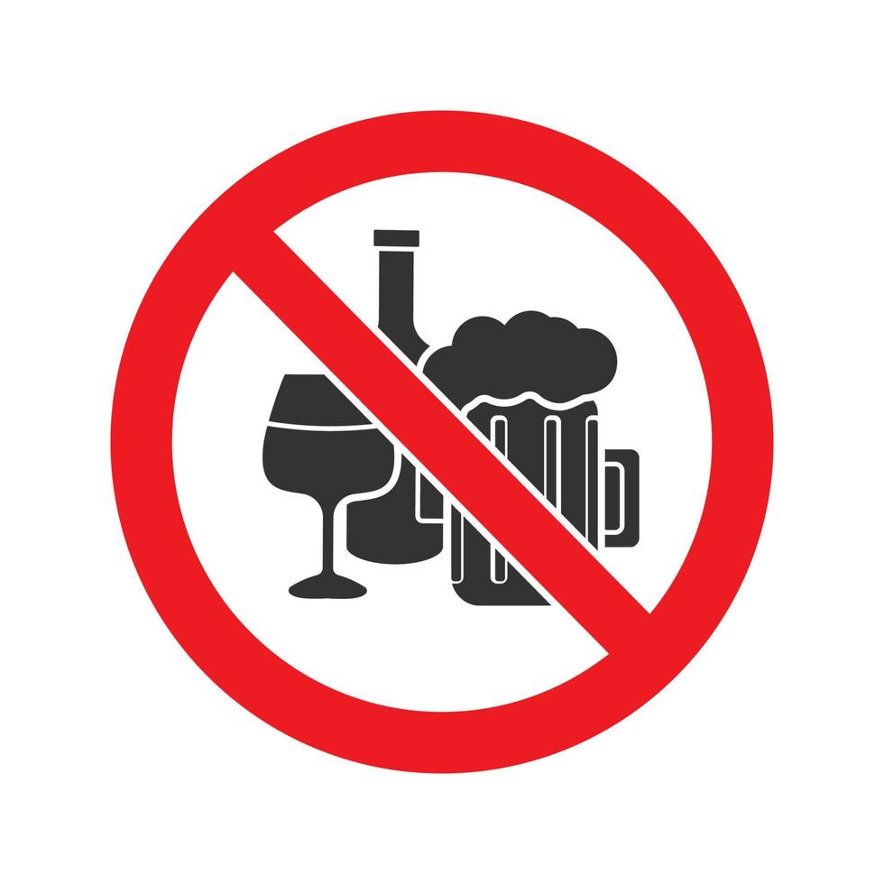 segno proibito con l'icona del glifo con bevande alcoliche. simbolo della siluetta di arresto. niente alcol. birra e vino nel cerchio del proibizionismo. spazio negativo. illustrazione vettoriale isolato