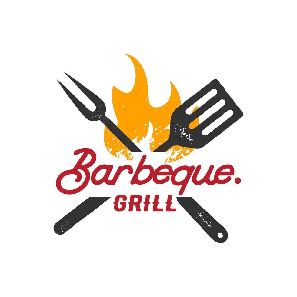 design del logo vintage barbecue. illustrazione piatta di vettore del modello di concetto di cibo alla griglia, fuoco e spatola