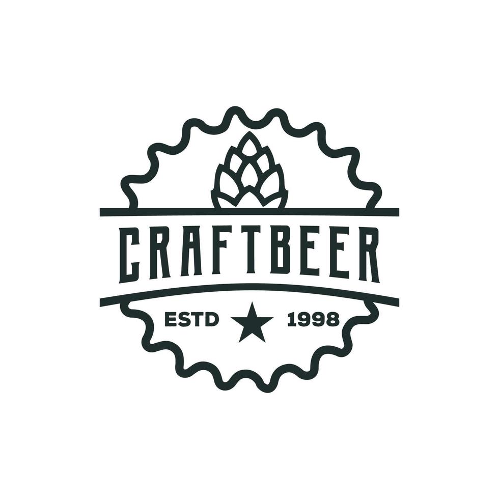 tappo di bottiglia di birra a forma di badge con testo di birra artigianale di luppolo e illustrazione vettoriale di asterisco. Linea artistica