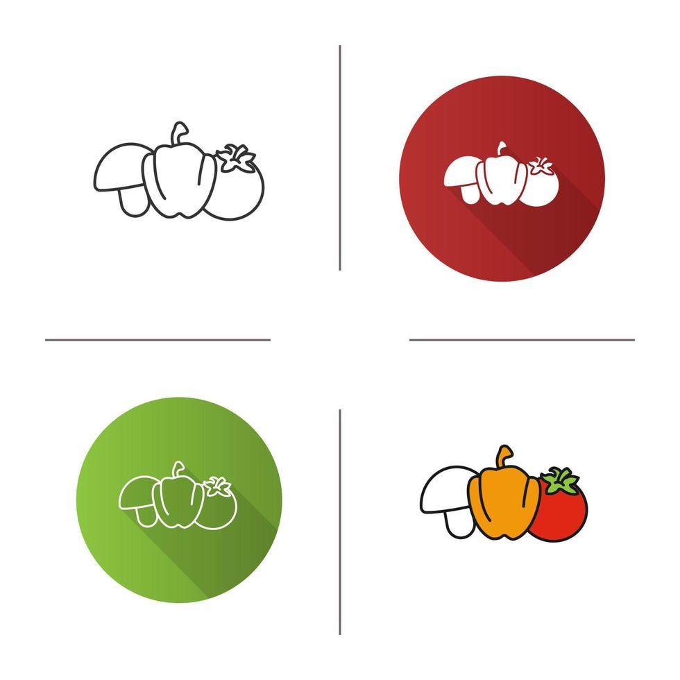 icona di verdure. design piatto, stili lineari e di colore. pomodoro, funghi, peperoni. illustrazioni vettoriali isolate