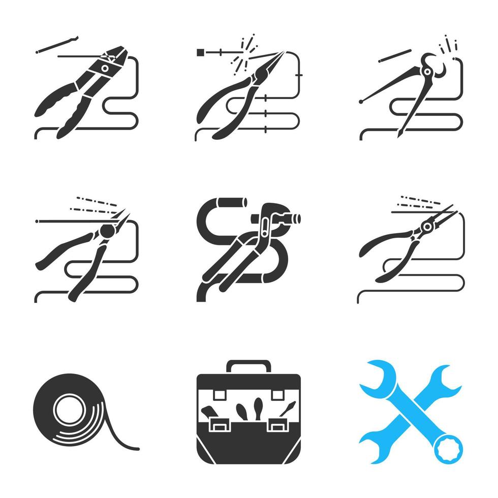 set di icone del glifo degli strumenti di costruzione. pinze, tenaglie, tronchesi, tenaglie per tagliare il filo, chiavi a croce, nastro adesivo, borsa degli attrezzi. simboli di sagoma. illustrazione vettoriale isolato