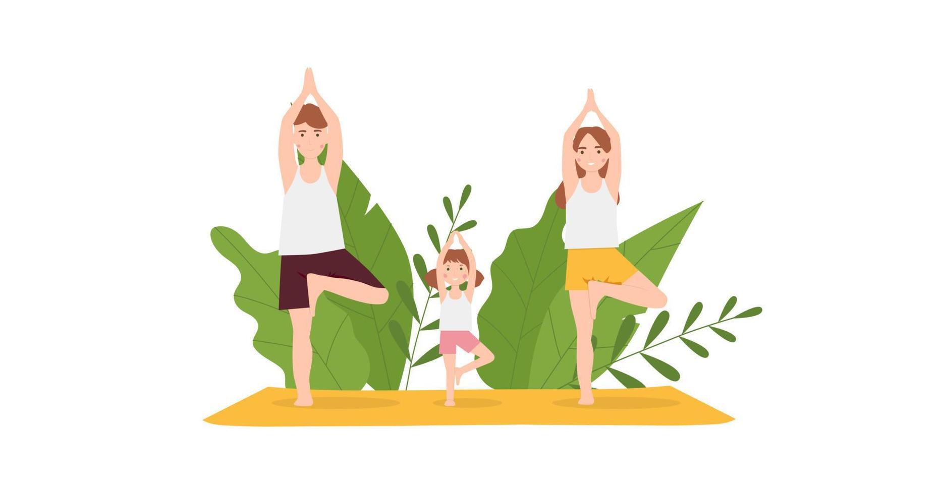 yoga in famiglia al parco. madre, padre e figlia che dimostrano la posa di yoga dell'albero. illustrazione vettoriale