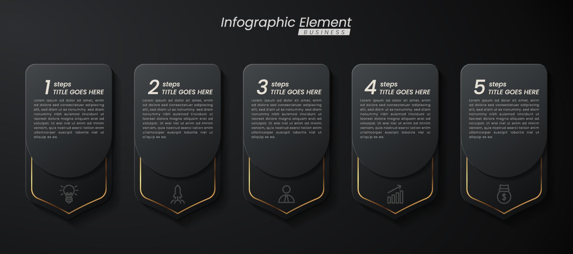 modello vettoriale 3d infografica elegante oro scuro con passaggi per il successo. presentazione con icone di elementi di linea. il design del concetto di business può essere utilizzato per il layout di web, brochure, diagrammi, grafici o banner