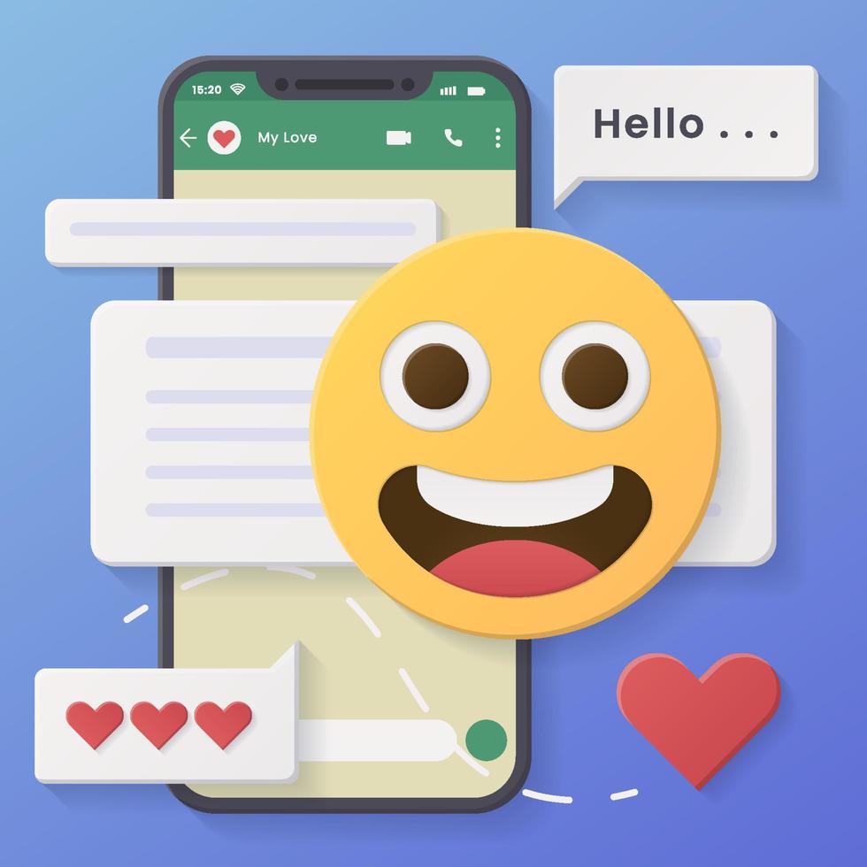 concetto di social media. tempo di commercializzazione. disegno 3d astratto realistico. stile cartone animato. il telefono in mano invia emoticon di emozioni agli amici. social network modello mobile. icona del sorriso. vettore