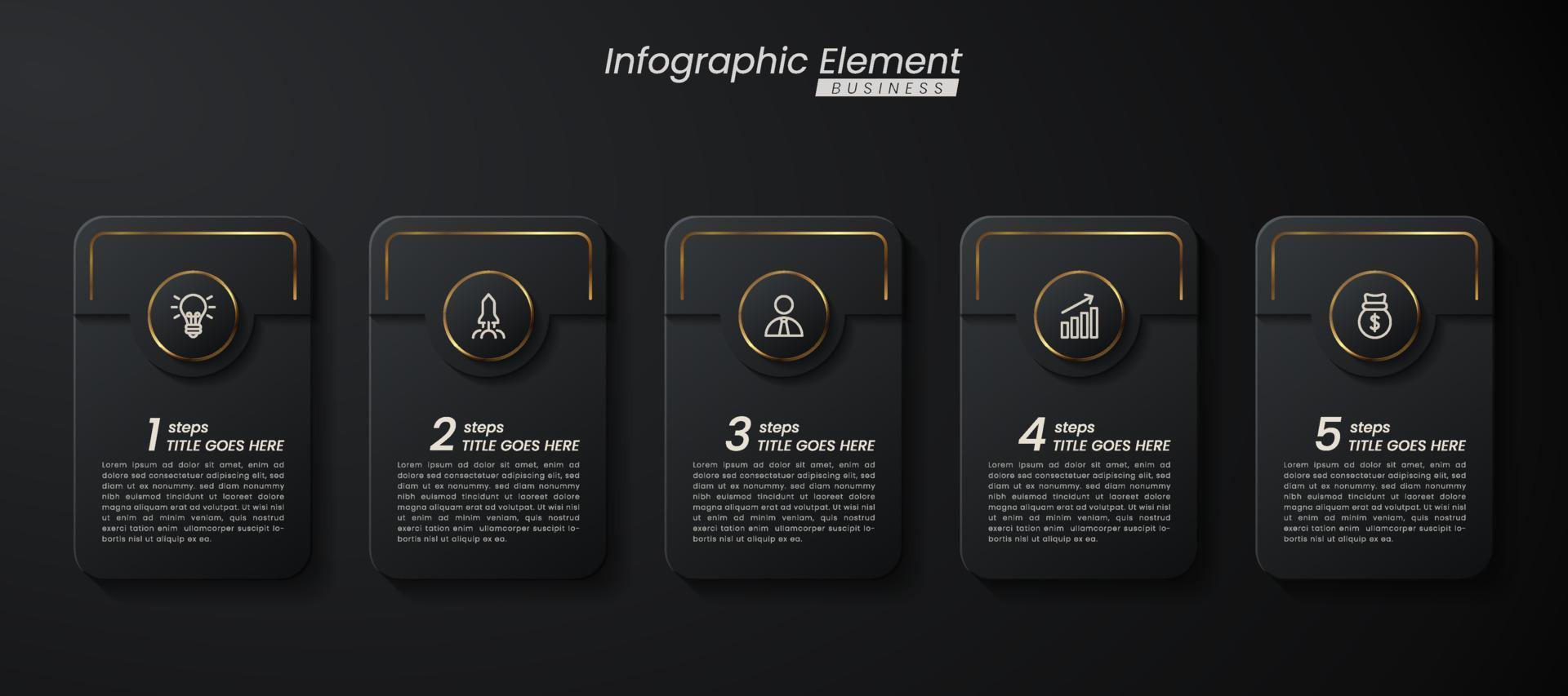 modello vettoriale 3d infografica elegante oro scuro con passaggi per il successo. presentazione con icone di elementi di linea. il design del concetto di business può essere utilizzato per il layout di web, brochure, diagrammi, grafici o banner