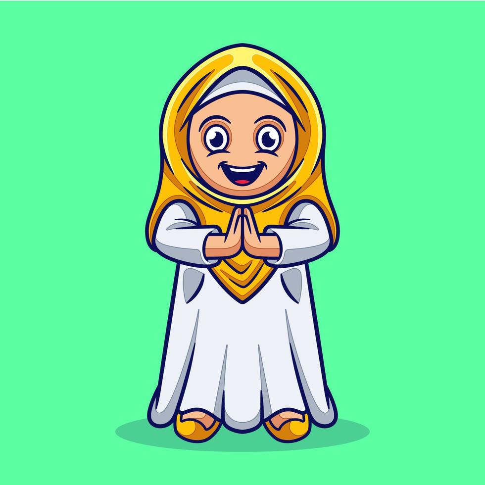 ragazza carina musulmana che celebra l'illustrazione del fumetto di eid mubarak. concetto di illustrazione del ramadan kareem vettore