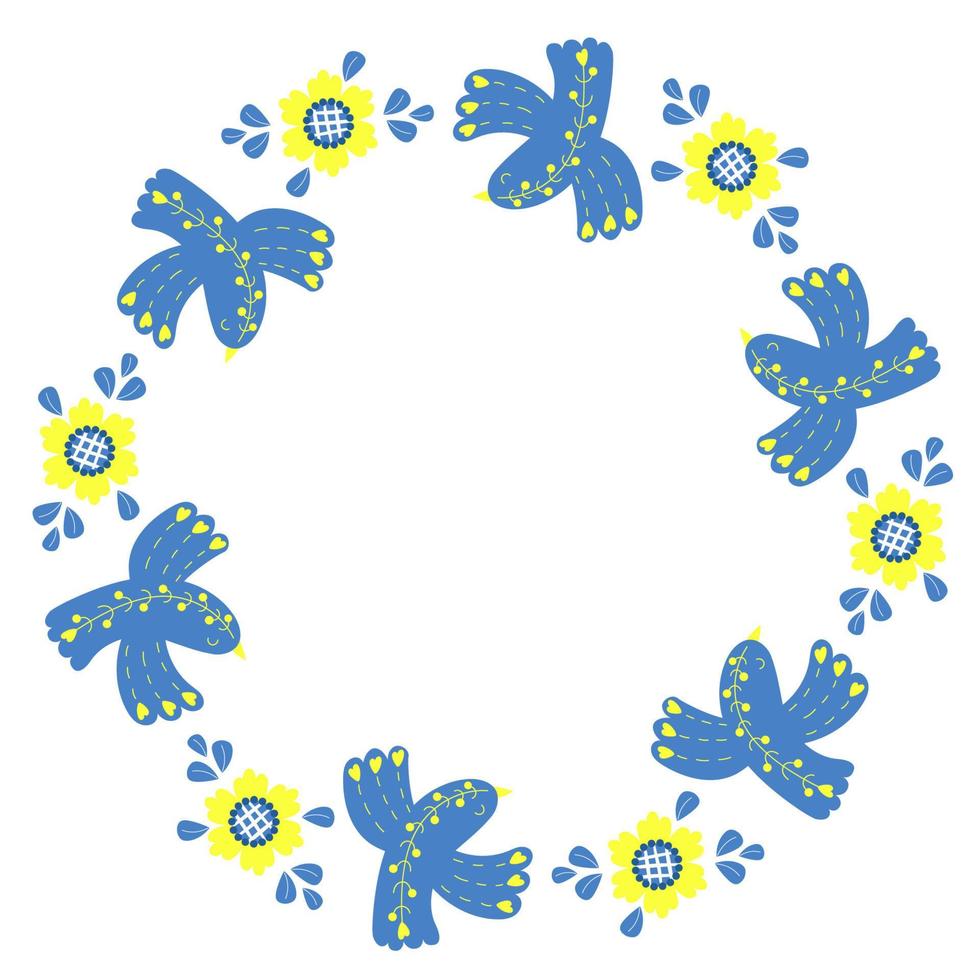 bella cornice rotonda con uccelli blu e fiori gialli. tovagliolo da cartolina in giallo e blu, colori della bandiera ucraina. illustrazione vettoriale. motivo floreale per arredamento, design, stampa e tovaglioli vettore