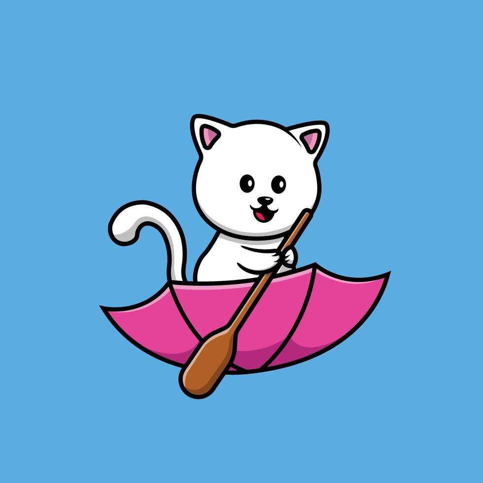 simpatico gatto che rema con l'illustrazione dell'icona di vettore del fumetto della barca dell'ombrello