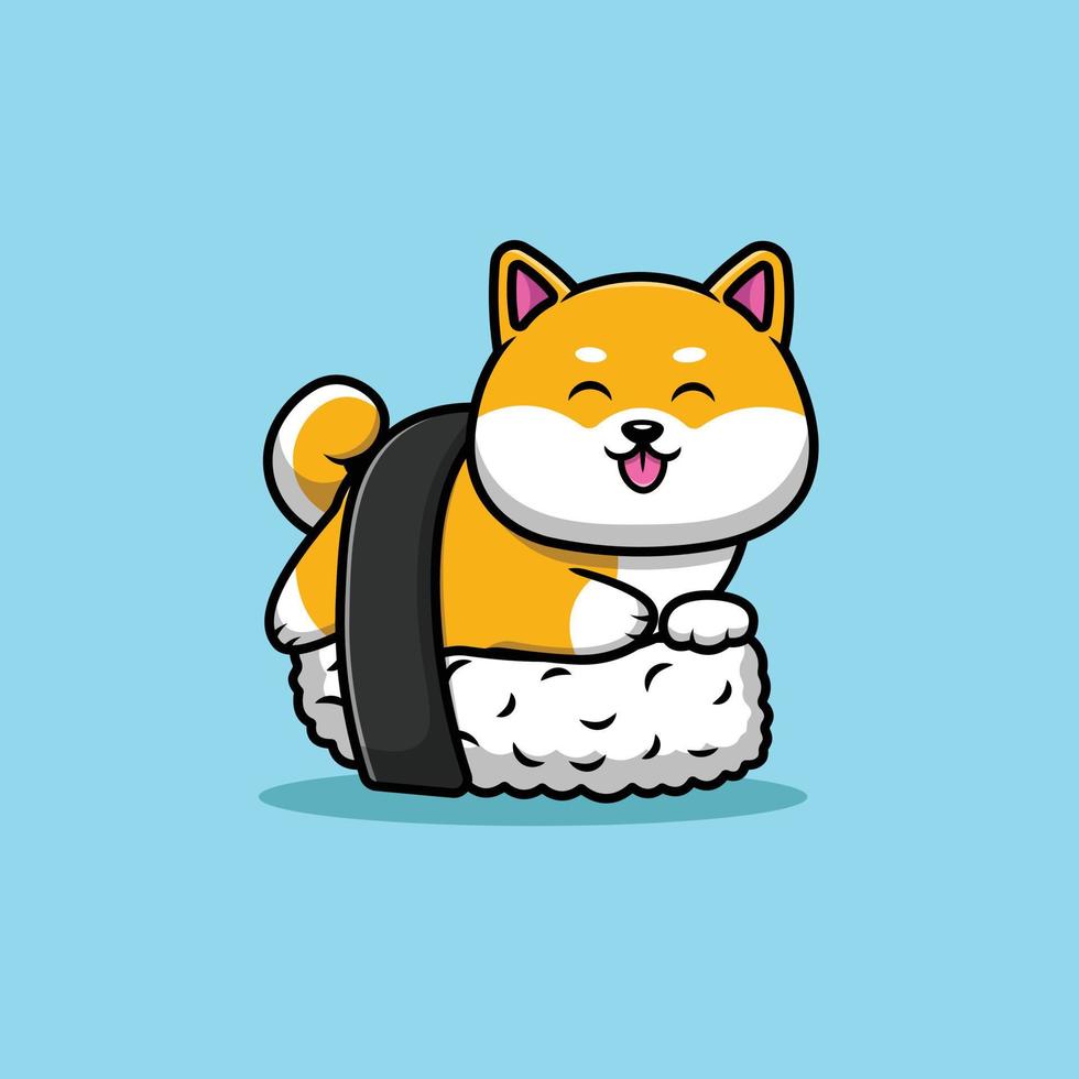 illustrazione sveglia dell'icona di vettore del fumetto di sushi del cane di shiba inu. concetto di icona di cibo per animali isolato vettore premium.