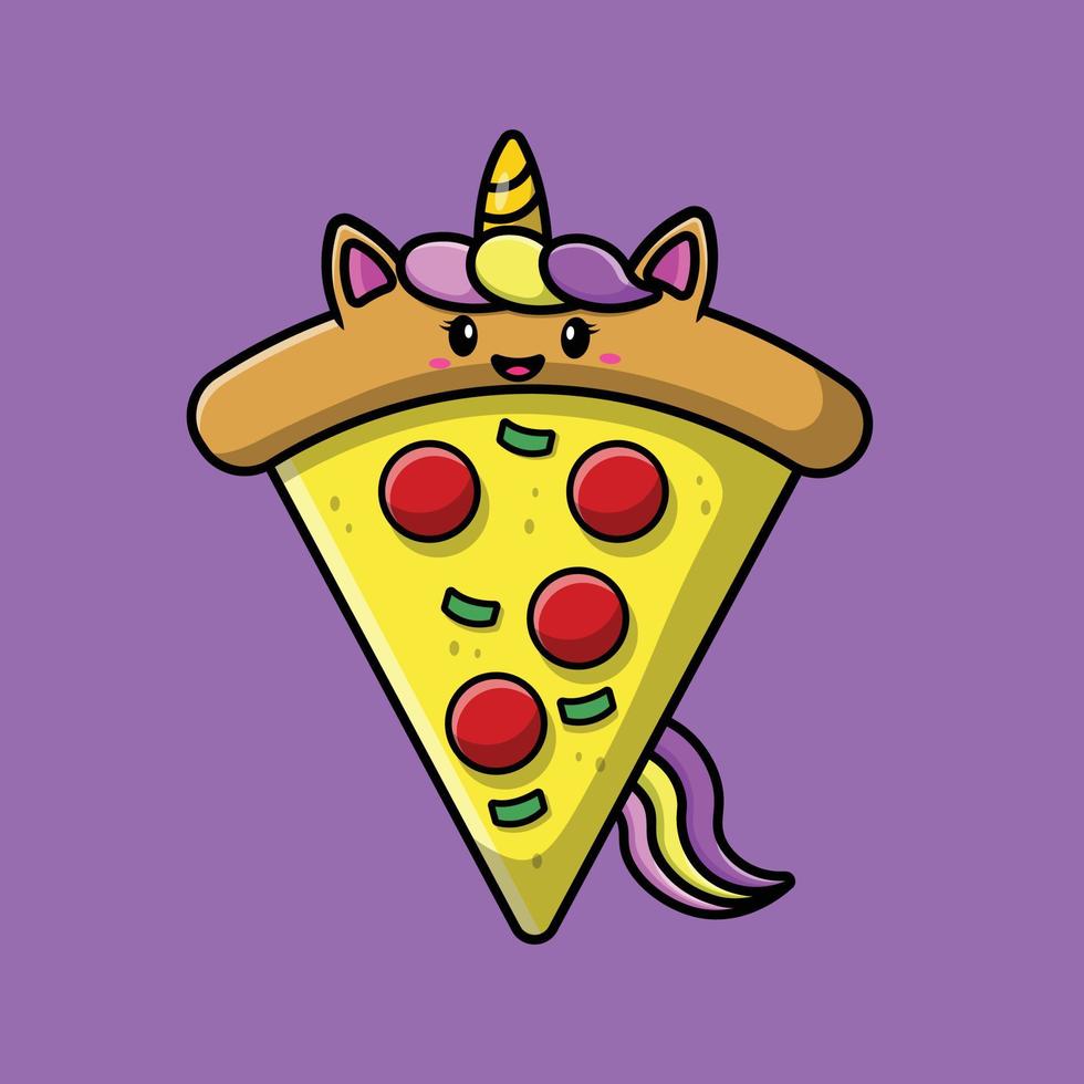 illustrazione sveglia dell'icona di vettore del fumetto della pizza dell'unicorno. concetto di icona di cibo per animali isolato vettore premium.