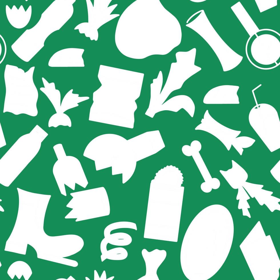 sagome di oggetti di immondizia su sfondo verde modello senza cuciture vettore