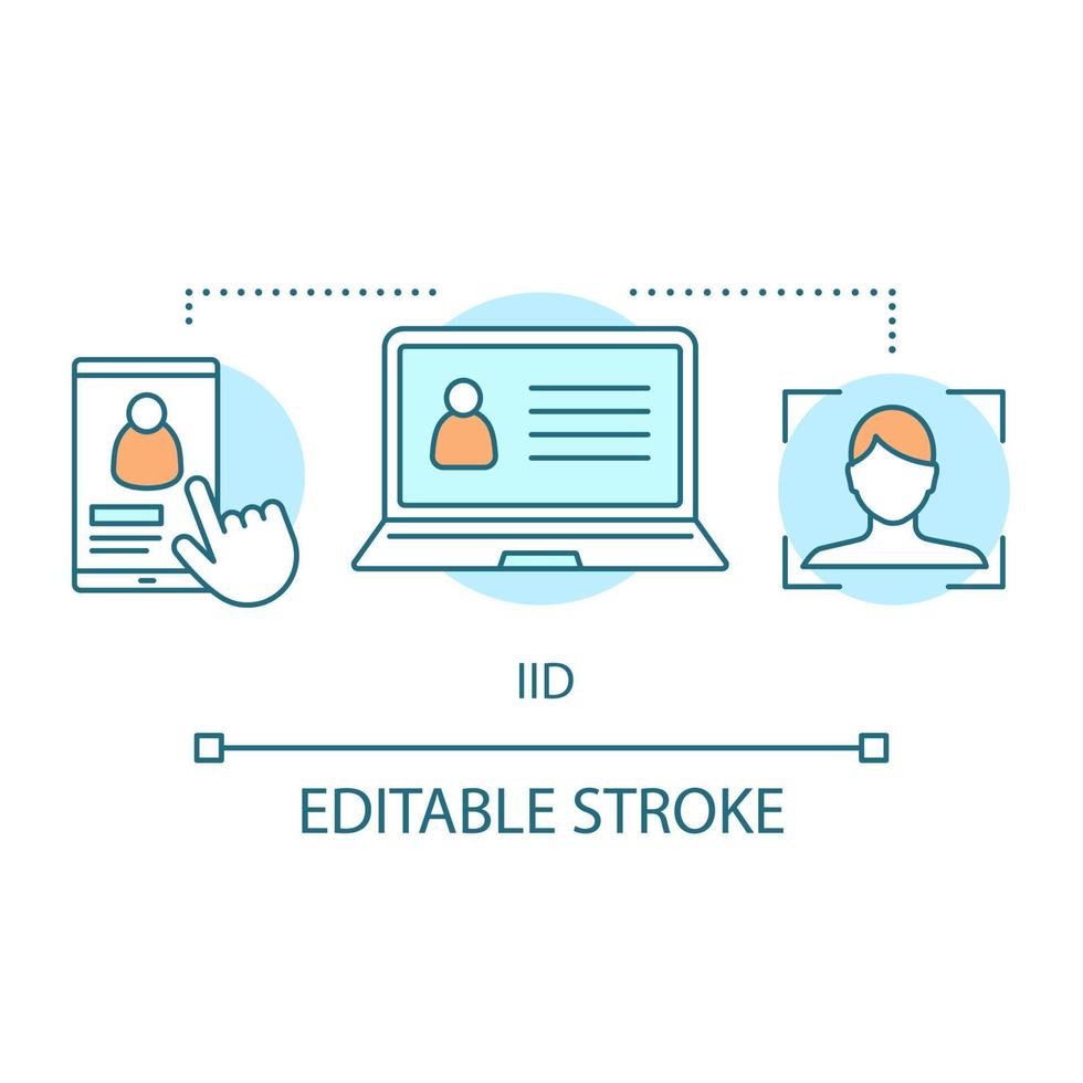 icona del concetto iid. illustrazione della linea sottile dell'idea di identità di Internet. autenticazione dell'account, identificazione. autorizzazione dell'utente. profilo su smartphone, laptop. disegno di contorno isolato vettoriale