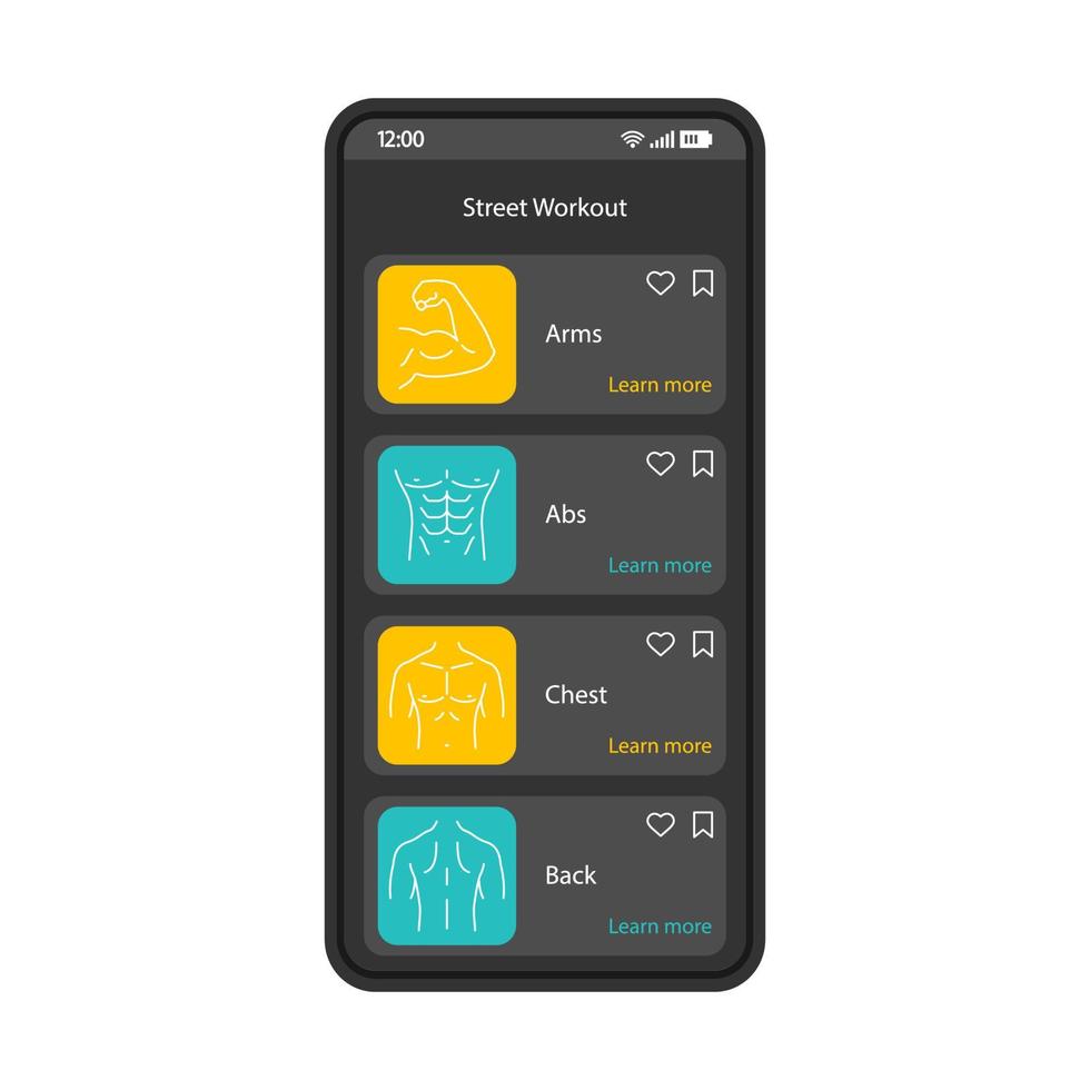 modello vettoriale dell'interfaccia dello smartphone dell'app di allenamento di strada. layout di design nero della pagina mobile. schermata dei programmi di allenamento per braccia, addominali, pettorali e schiena. interfaccia utente piatta per l'applicazione. esercizi sportivi. display del telefono