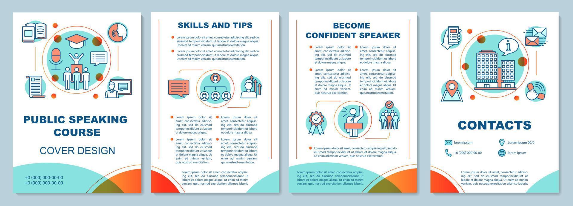 layout del modello di brochure del corso di parlare in pubblico. classi di relatori professionisti. volantino, opuscolo, design di stampa di volantini con illustrazioni lineari. layout di pagina vettoriali per riviste, report, poster