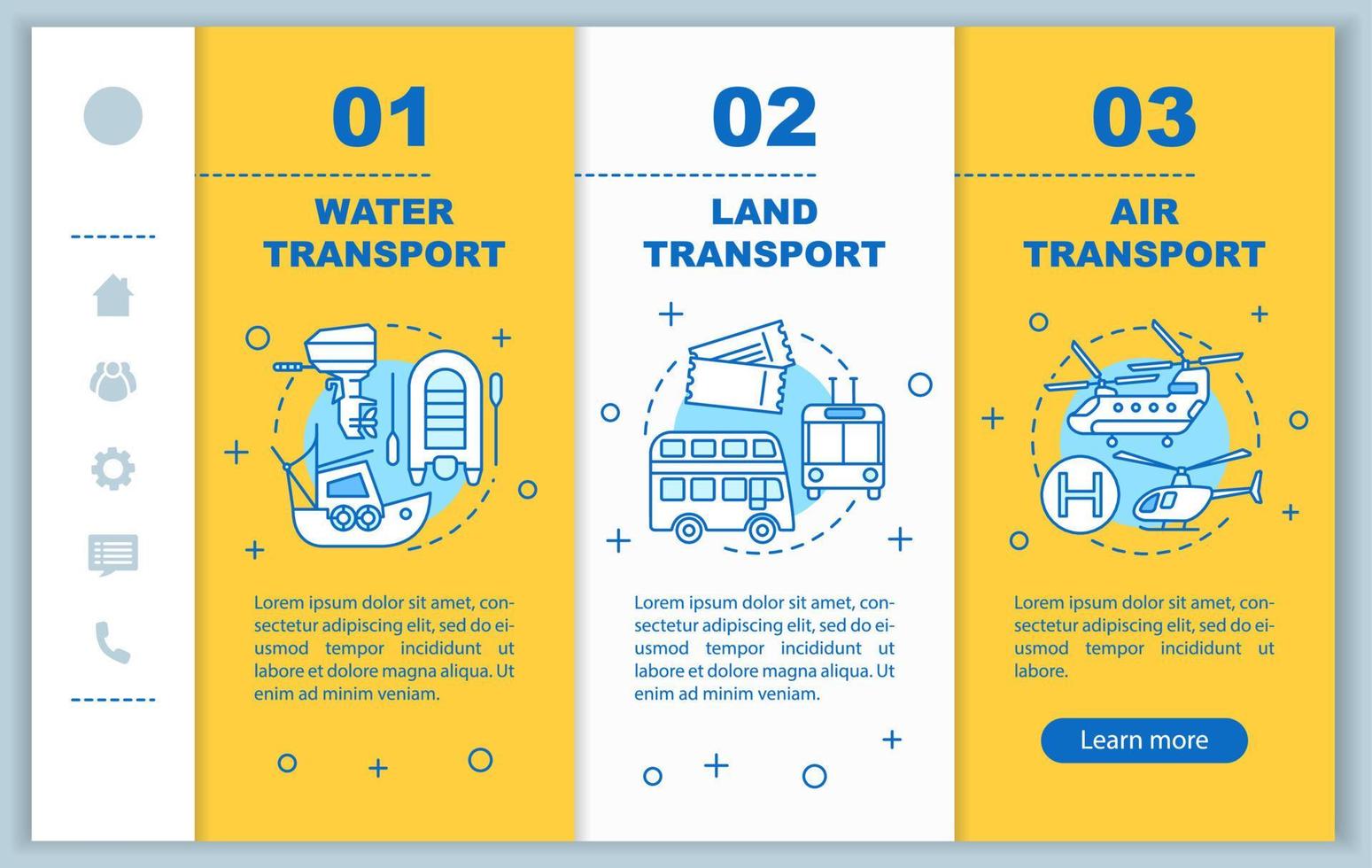 servizi di trasporto onboarding modello vettoriale di pagine Web mobili. idea di interfaccia per smartphone reattiva con illustrazioni lineari. passaggi della procedura dettagliata della pagina web del trasporto aereo e dell'acqua. concetto di colore