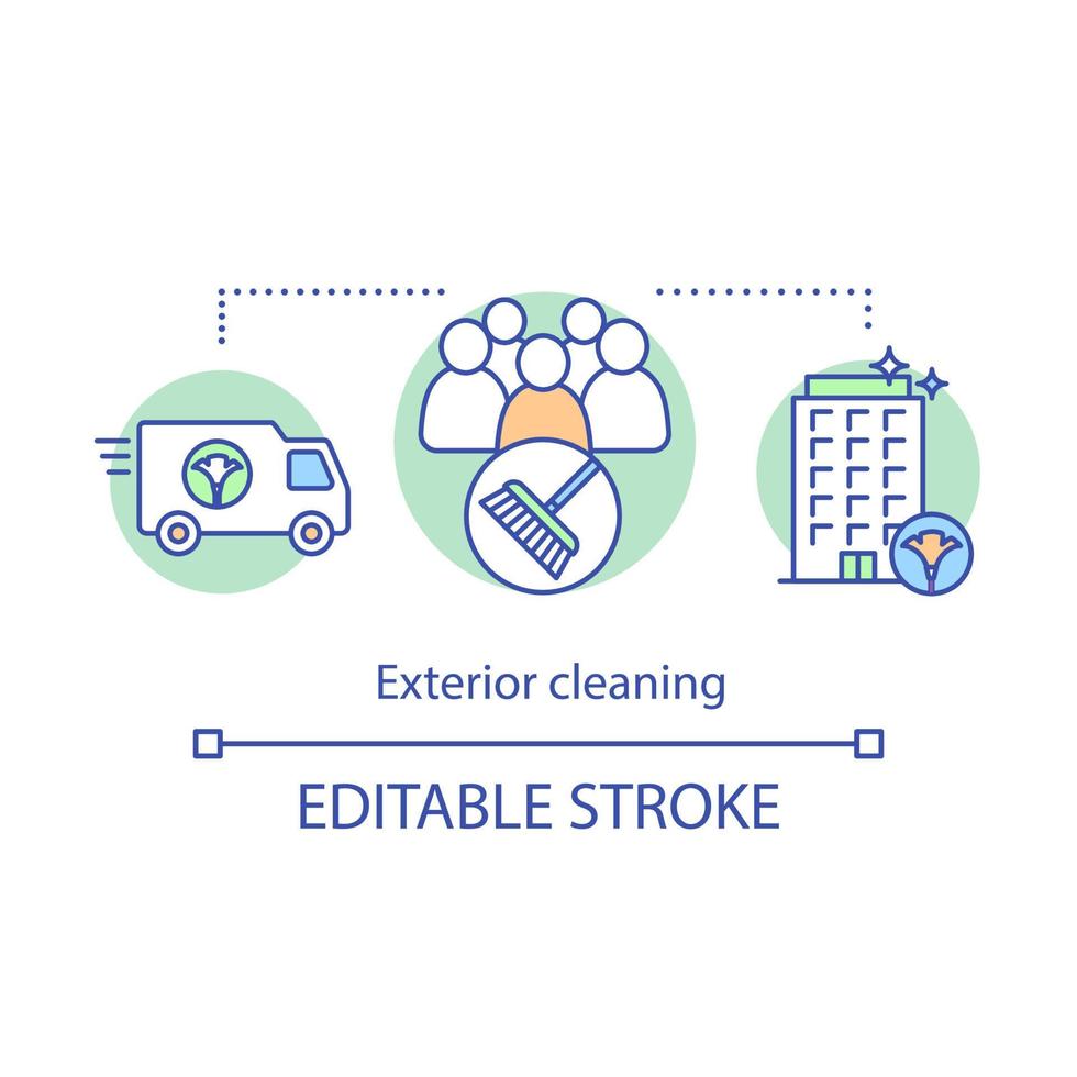 icona del concetto di pulizia esterna. illustrazione al tratto sottile dell'idea del servizio di pulizia aggiuntivo. squadra di pulizia. cura dell'ambiente. conservazione dell'architettura. disegno di contorno isolato vettoriale. tratto modificabile vettore