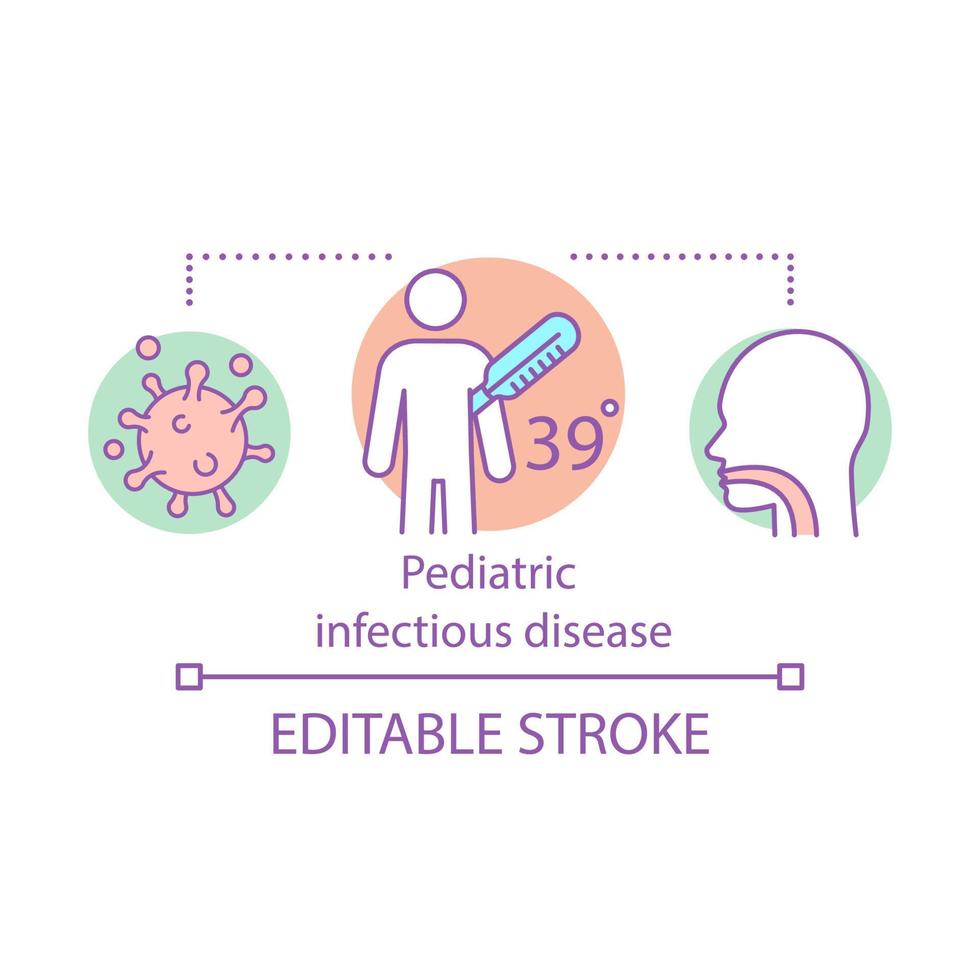 icona del concetto di malattia infettiva pediatrica. infezione batterica e virale. ipertermia, mal di gola. illustrazione al tratto sottile dell'idea del servizio di cura dei bambini. disegno di contorno isolato vettoriale. tratto modificabile vettore