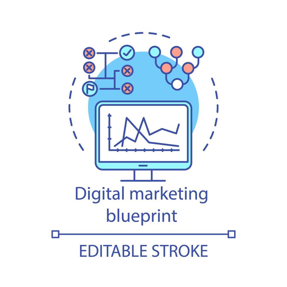 icona del concetto di blueprint di marketing digitale. illustrazione al tratto sottile di idea di strategia SEO. Gestione dei contenuti. analisi di marketing. monitoraggio, classifica. disegno di contorno isolato vettoriale. tratto modificabile vettore