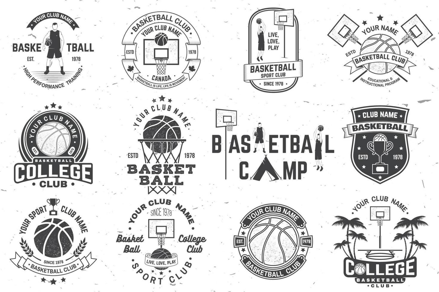 set di badge del club di basket. vettore. concetto per camicia, stampa, francobollo o t-shirt. design tipografico vintage con silhouette di giocatore di basket, canestro e palla. vettore