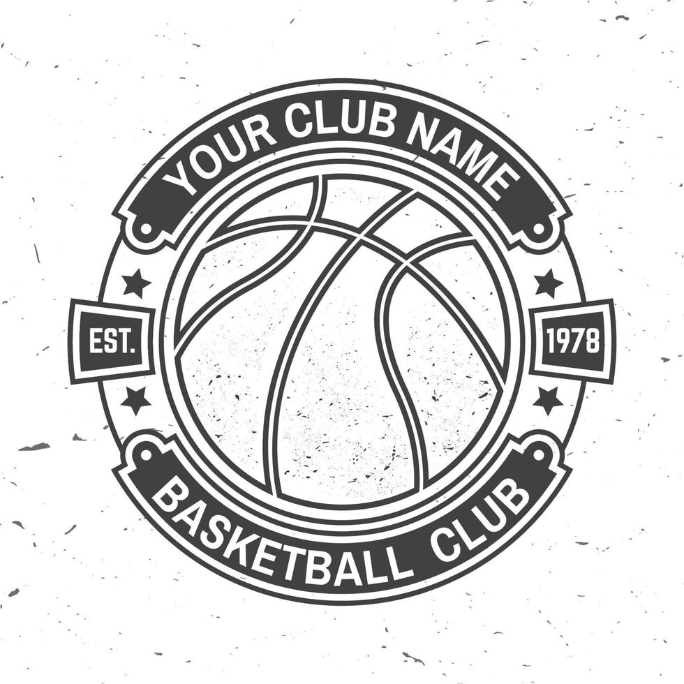 distintivo del club di basket. illustrazione vettoriale. concetto per camicia, stampa, francobollo. design tipografico vintage con anello da basket, silhouette a rete e palla. vettore