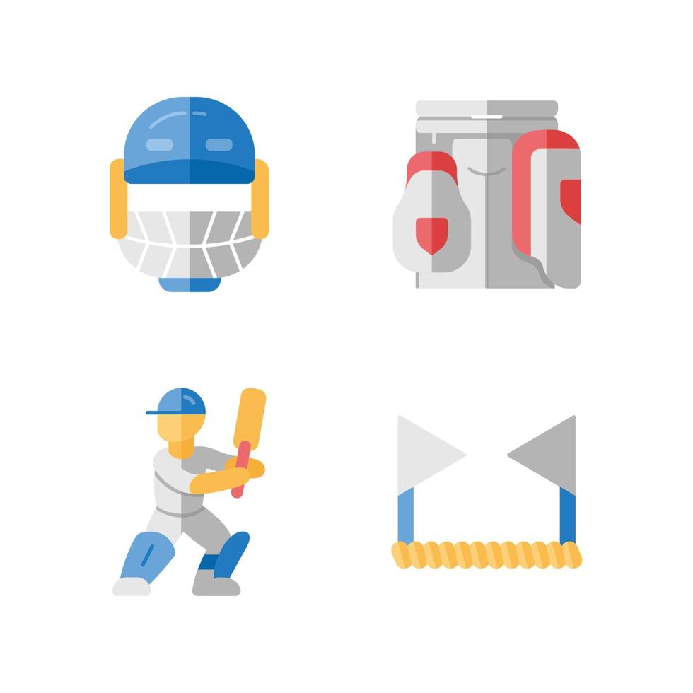 Set di icone di colore ombra lunga design piatto campionato di cricket. torneo sportivo. elmo, cosciale, battitore, corda perimetrale. preparazione e allenamento per le gare. illustrazioni di silhouette vettoriali