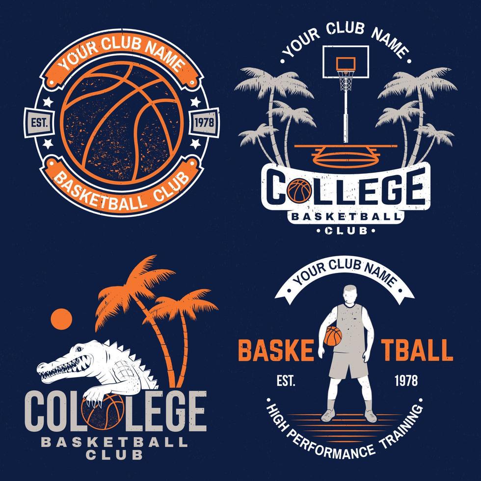 set di badge del club di basket. vettore. design grafico per t-shirt, t-shirt, stampa o abbigliamento. design tipografico vintage con canestro da basket e silhouette a sfera. vettore