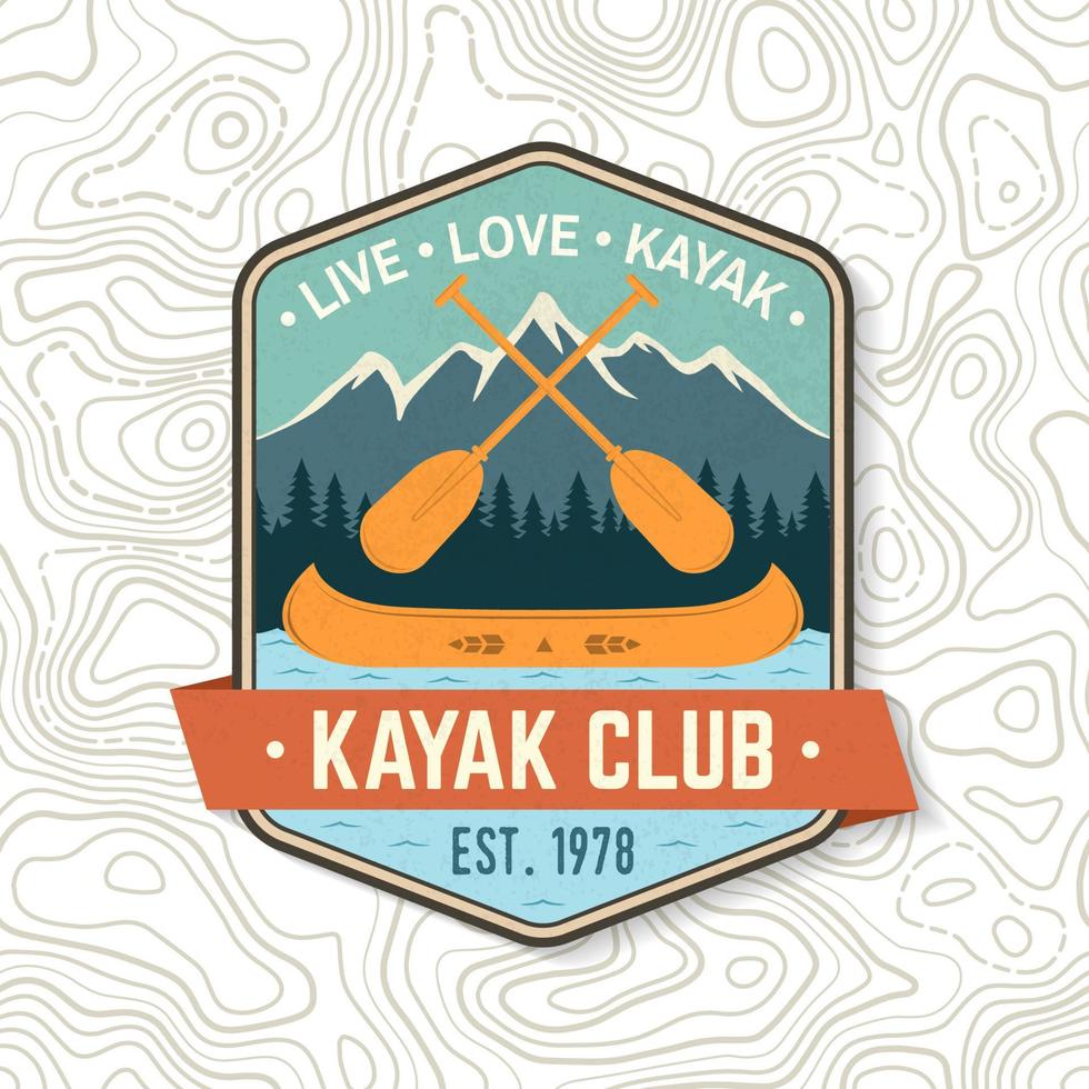 club di kayak. vivi, ama, kayak. vettore. concetto per camicia, francobollo o t-shirt. design vintage con silhouette di montagna, pagaie e barca. sport acquatico estremo. emblemi di avventura all'aria aperta, toppe. vettore