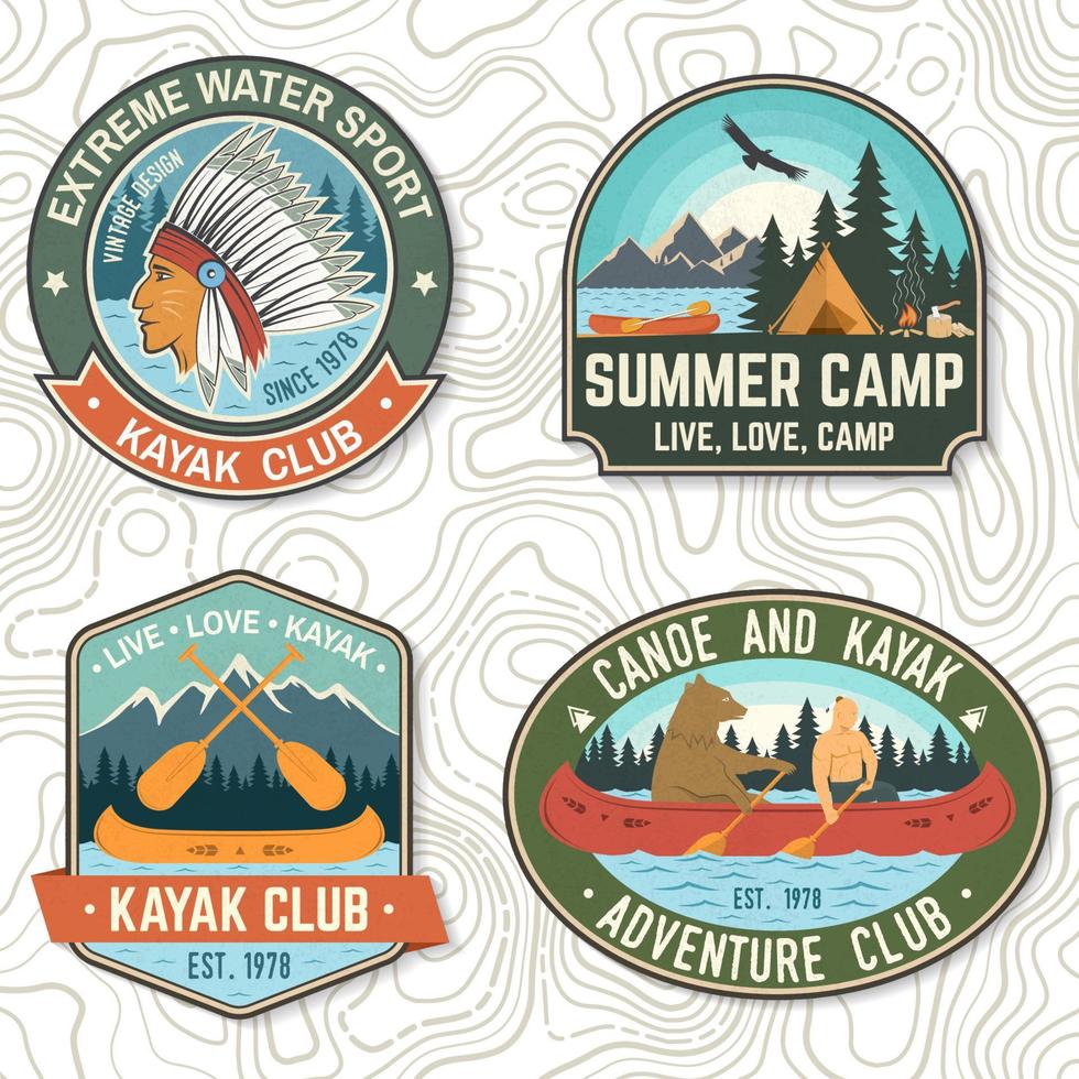 set di distintivi per club di canoa e kayak vettore. concetto per patch, stampa, timbro o tee. design vintage con silhouette di montagna, fiume, indiano americano e kayaker. toppe per kayak per sport acquatici estremi vettore