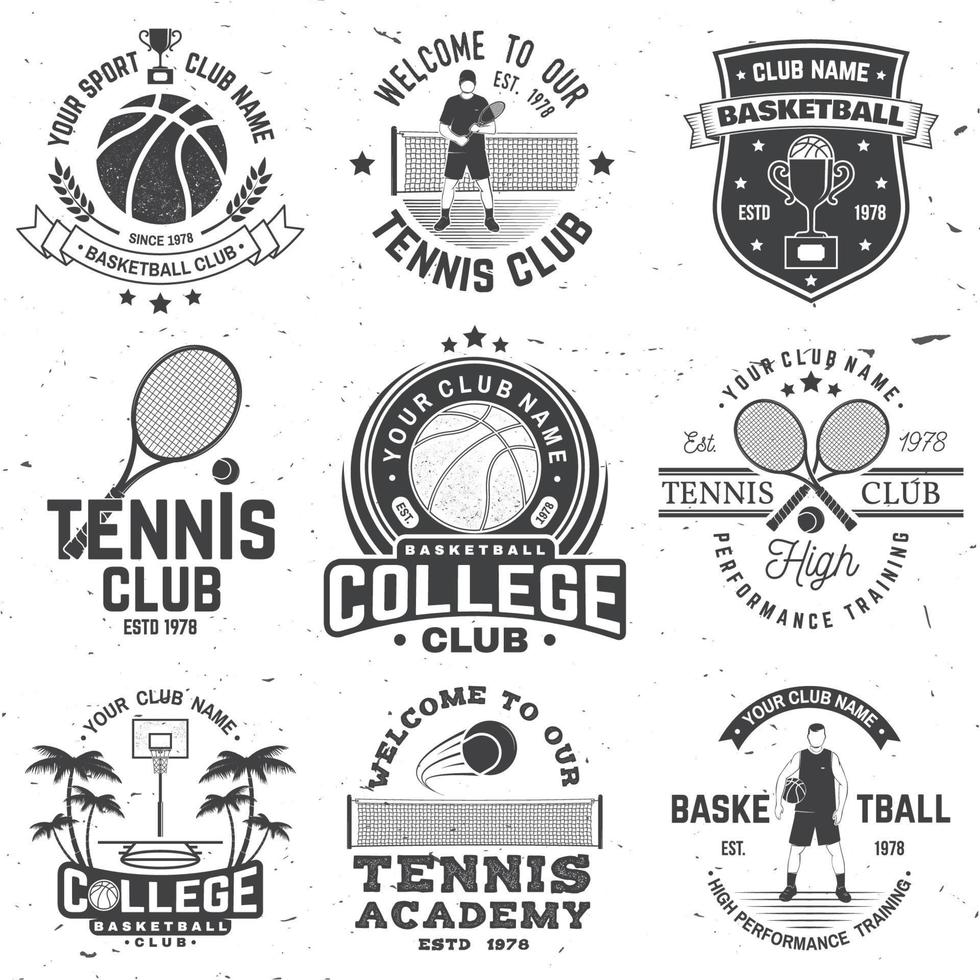 set di badge, emblema o segno di basket e tennis. vettore. concetto per camicia, stampa o t-shirt. design tipografico vintage con canestro da basket, racchetta da tennis e silhouette a sfera. vettore
