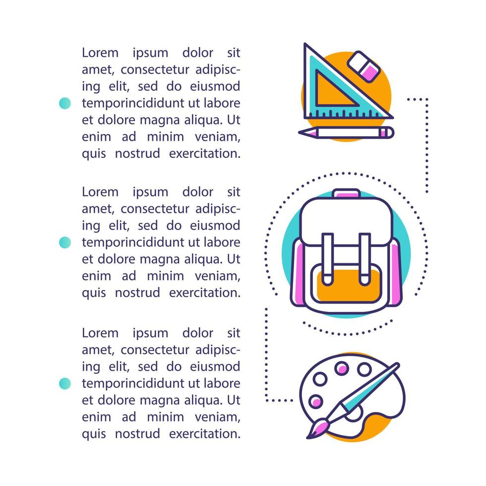 modello di vettore della pagina dell'articolo di cancelleria degli alunni. descrizione delle forniture. brochure, rivista, elemento di design opuscolo con icone lineari e caselle di testo. disegno di stampa.