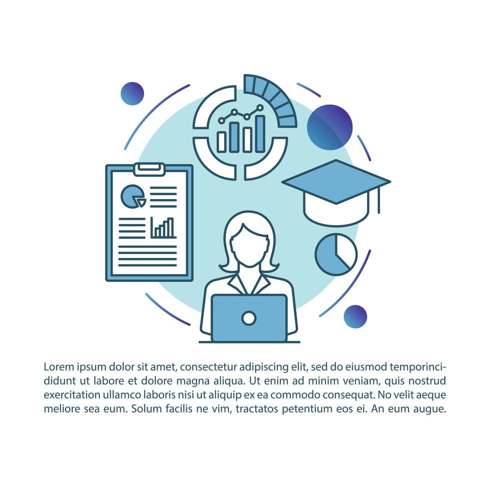 modello vettoriale della pagina dell'articolo di ricerca statistica. metriche, analisi. brochure, rivista, elemento di design opuscolo con icone lineari e caselle di testo. disegno di stampa. illustrazioni concettuali con spazio di testo