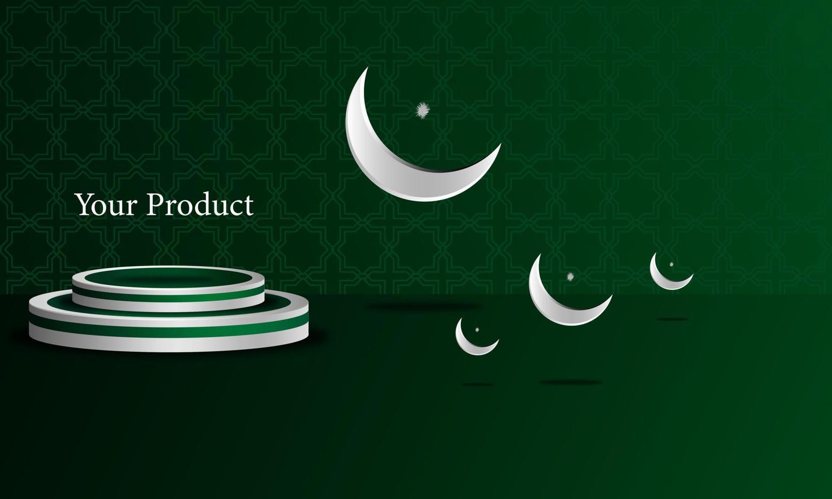motivo islamico verde e sfondo ornamentale con podio 3d e ornamento islamico 3d in grigio, per foto di prodotti del negozio e altri, disegno vettoriale eps 10