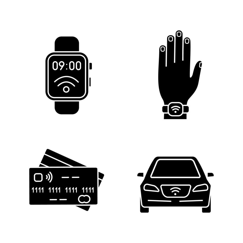 set di icone del glifo della tecnologia nfc. smartwatch da campo vicino, braccialetto, carte di credito, auto. simboli di sagoma. illustrazione vettoriale isolato