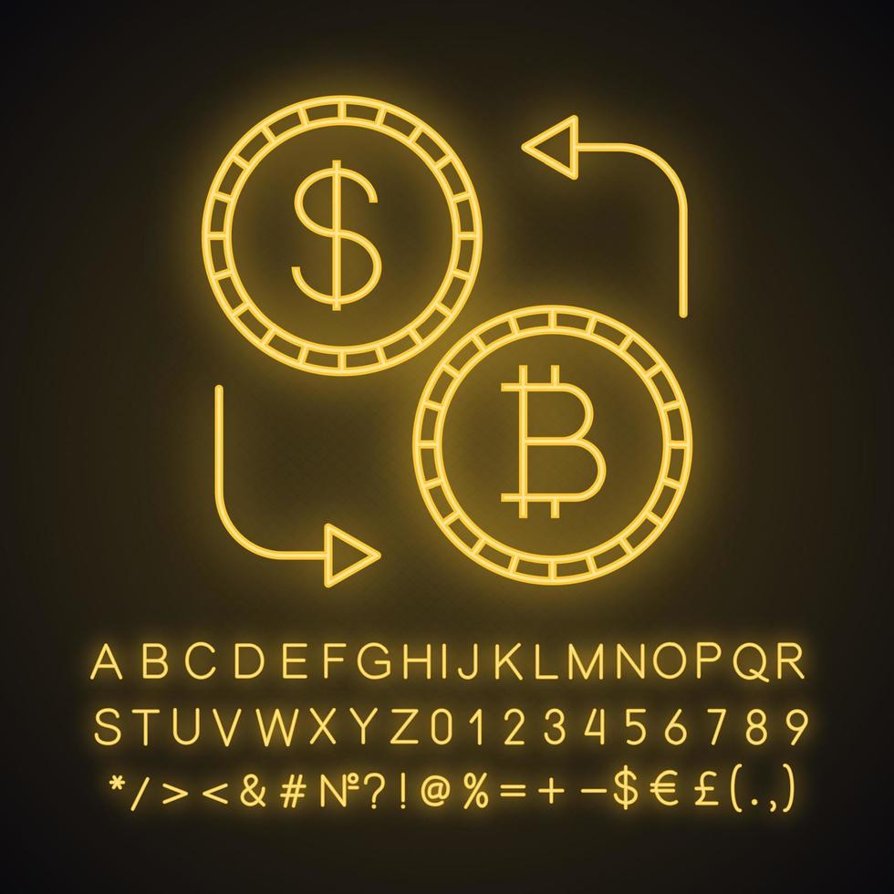 icona della luce al neon di cambio valuta bitcoin e dollaro. criptovaluta. rimborso. segno luminoso con alfabeto, numeri e simboli. illustrazione vettoriale isolato