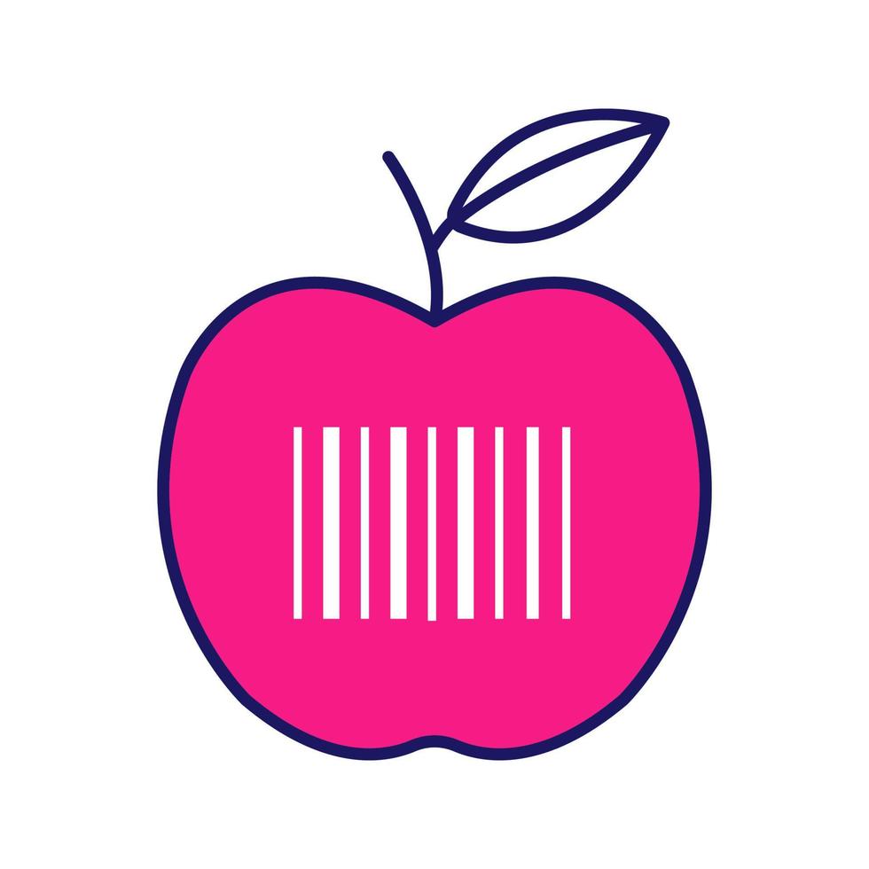 icona del colore del codice a barre del prodotto. mela con codice a barre lineare. vendita al dettaglio, merce. negozio di alimentari. identificazione dei codici a barre. illustrazione vettoriale isolata