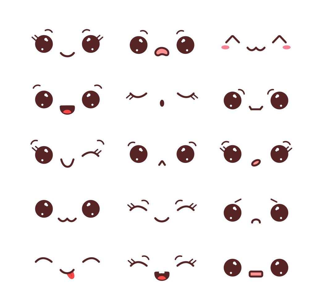 set di facce kawaii isolate su sfondo bianco. collezione di occhi e bocche kawaii con diverse emozioni. illustrazione vettoriale