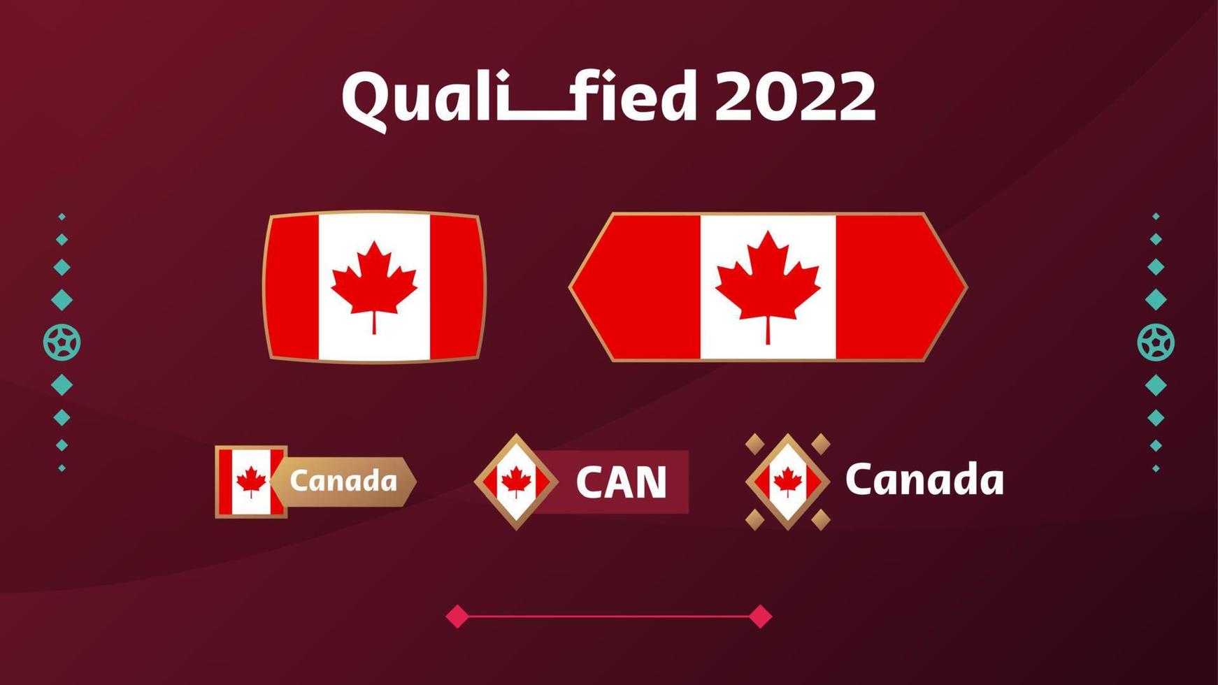 set di bandiera e testo del Canada sullo sfondo del torneo di calcio 2022. illustrazione vettoriale modello di calcio per banner, carta, sito Web. bandiera nazionale canada