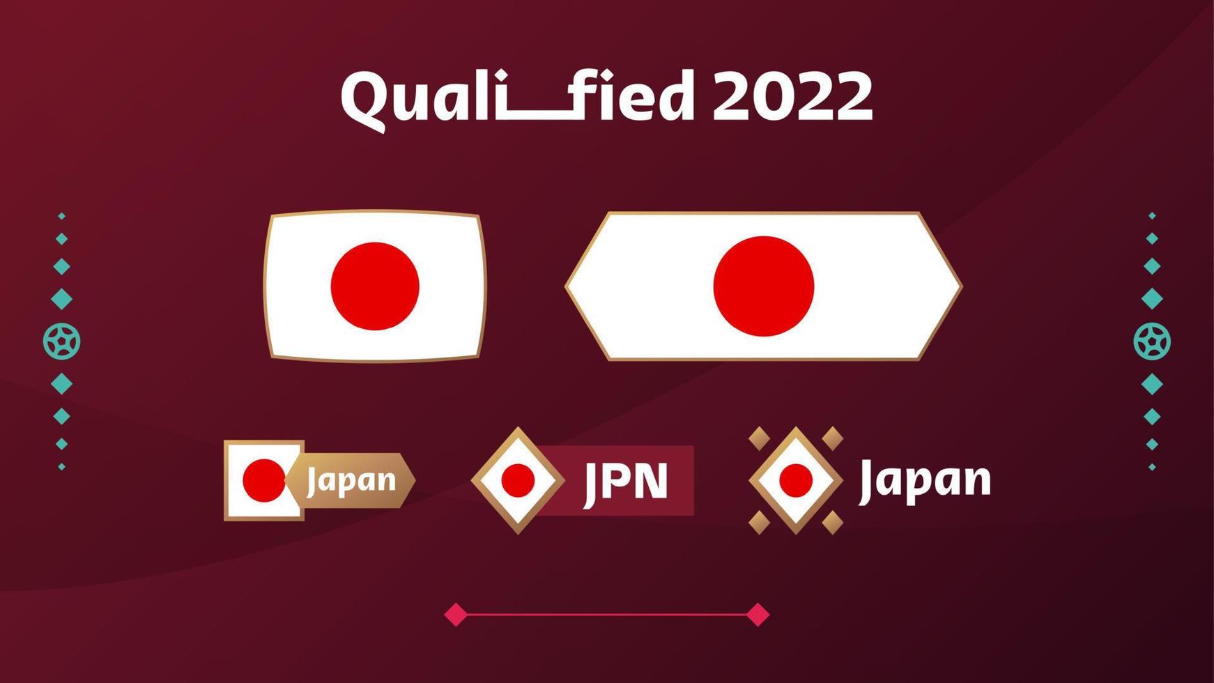 set di bandiera e testo del giappone sullo sfondo del torneo di calcio 2022. illustrazione vettoriale modello di calcio per banner, carta, sito Web. bandiera nazionale giappone